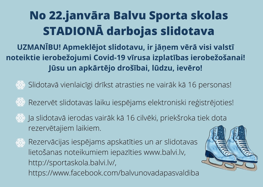 Informatīva afiša par Balvu Sporta skolas stadiona slidotavas izmantošanu.