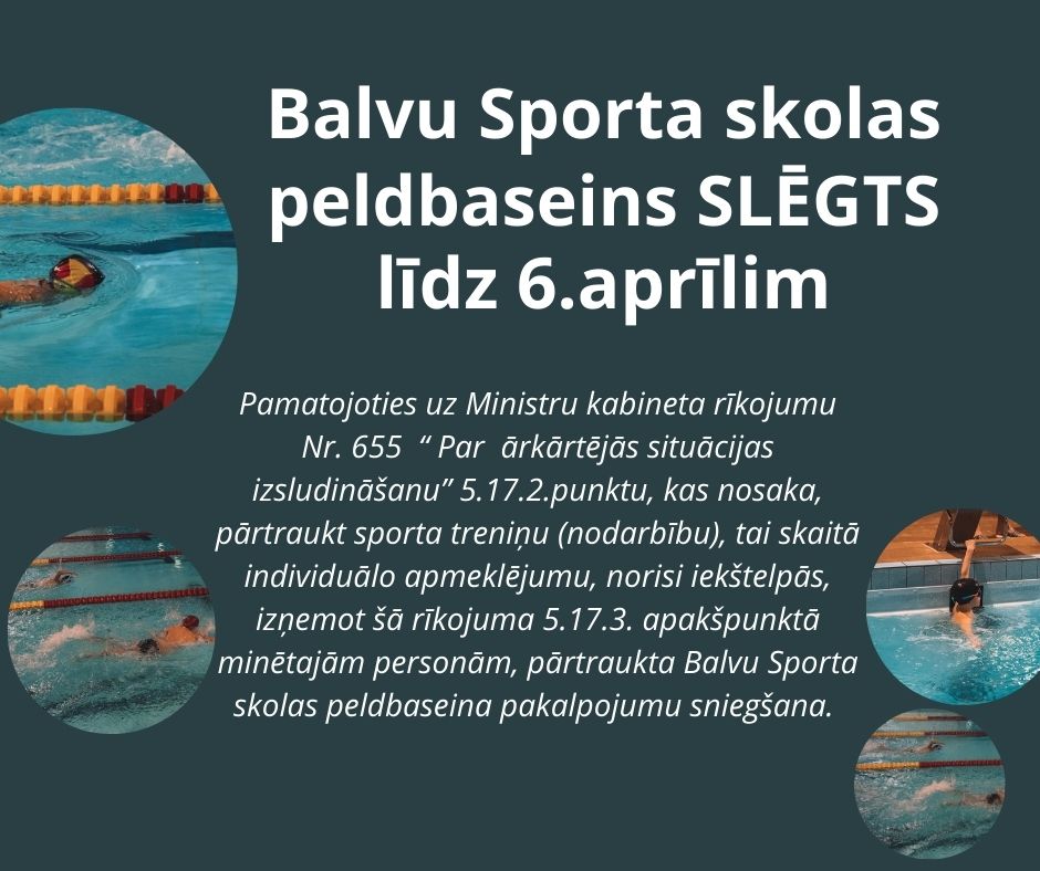 Informācija, ka līdz 6.aprīlim būs slēgts Balvu Sporta skolas peldbaseins.
